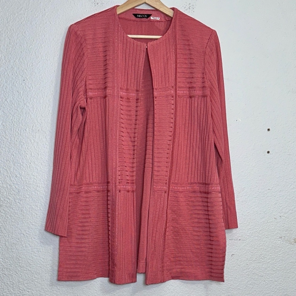 Misook Textured Knit Open Front Long Sleeve‎ Jacket Cardigan Sweater Pink READ